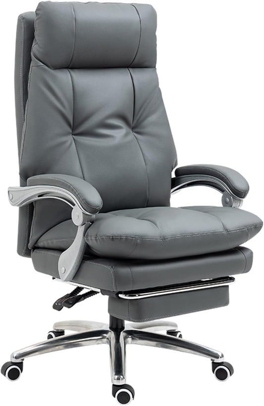 Gray Ergonomic Computer Chair PU Wheels Flip Up Arms Leather Office Chair Extendable Footrest Adjustable Lumbar Support for Gaming Reading