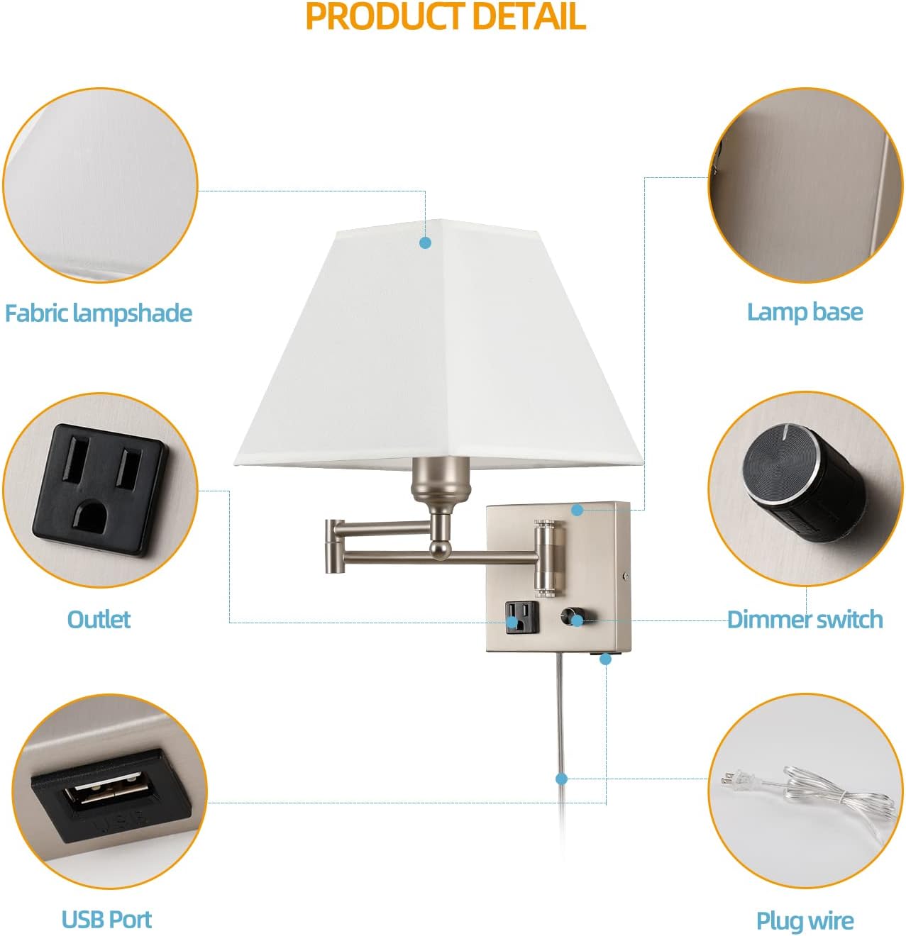 Plug in Wall Light,Swing Arm Wall Sconces with USB Port and Outlet,Wall Lamp with White Fabric Shade Dimmable Switch for Bedroom, Living Room , Office Nickel