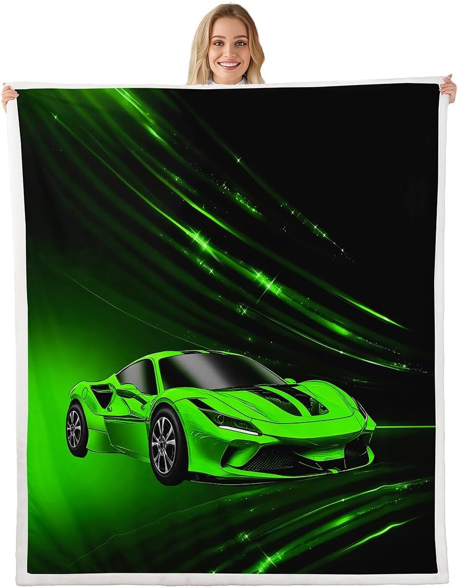 Feelyou Boys Green Race Car Fleece Throw Blanket Speed Sports Car Blanket for Kids Teens Adult Fast and Furious Plush Blanket Green Ombre Fuzzy Blanket for Sofa Bed Couch,Throw 50x60 Inches