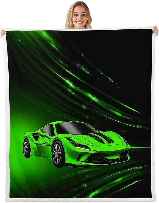 Feelyou Boys Green Race Car Fleece Throw Blanket Speed Sports Car Blanket for Kids Teens Adult Fast and Furious Plush Blanket Green Ombre Fuzzy Blanket for Sofa Bed Couch,Throw 50x60 Inches