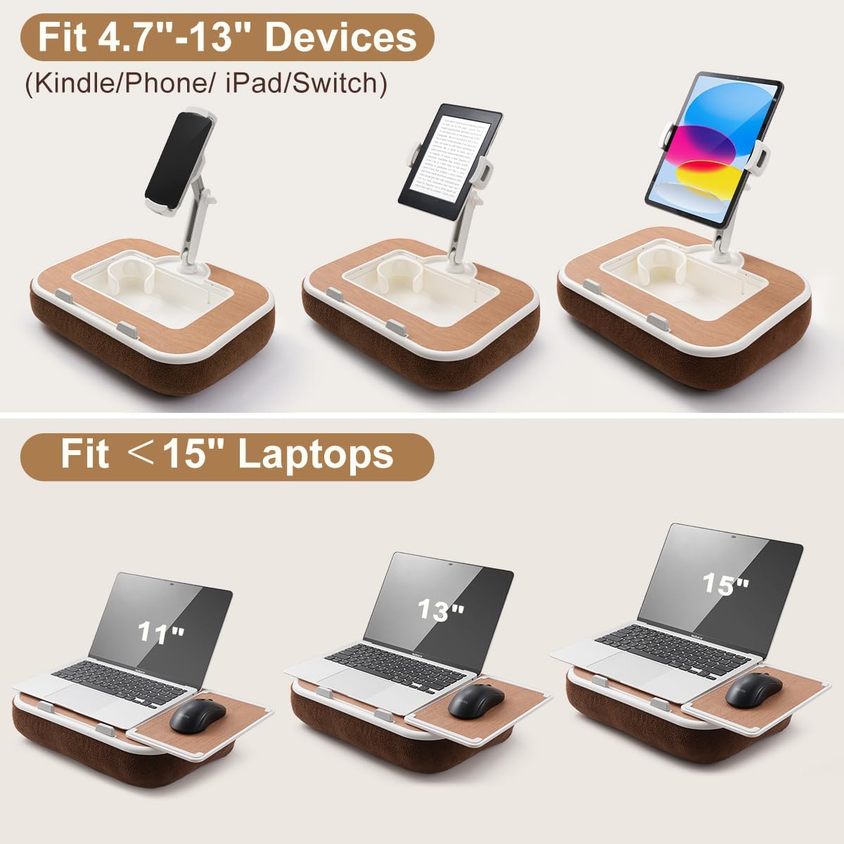 Tablet Pillow Stand with Snack Bowl, 360° Rotating Laptop Lap Desk for 4.7-13" Kindle/Tablet/Phone, 11-15" Laptop, Pillow Kindle Holder for Hands-Free Reading in Bed, Couch,Floor Etc-Wood Grain