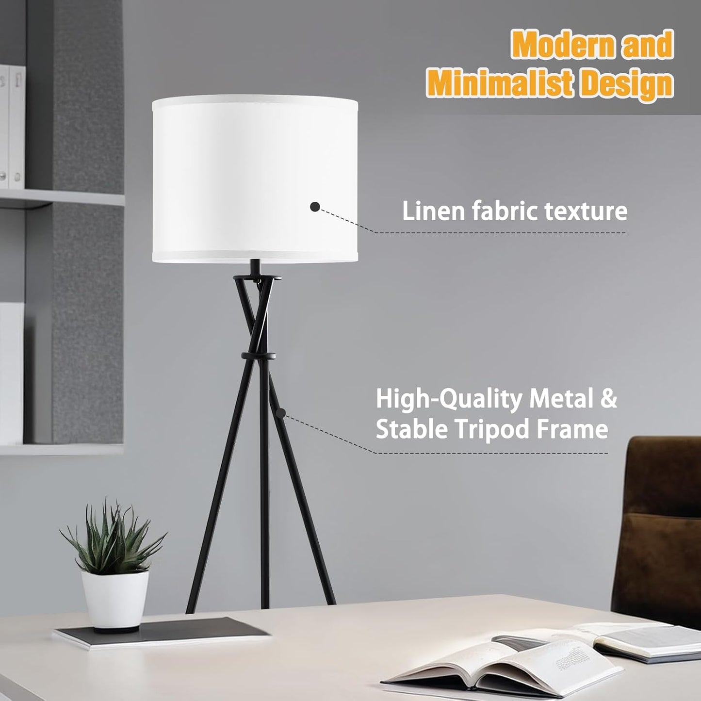 Floor Lamp for Living Room, 61'' Modern Tripod Floor Lamps with White Shade & Rotary Switch, Black Floor lamp for Bedroom, Office, Simple Design Lamp