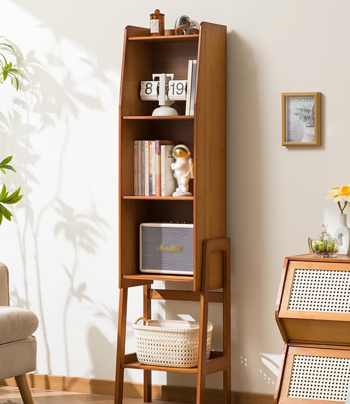 Bamboo Bookshelf, Home Office Narrow Bookshelf Kitchen Storage Rack Pantry Storage Cabinet for Small Space, Modern Open Book Shelves for Bedroom Organizer (Brown)