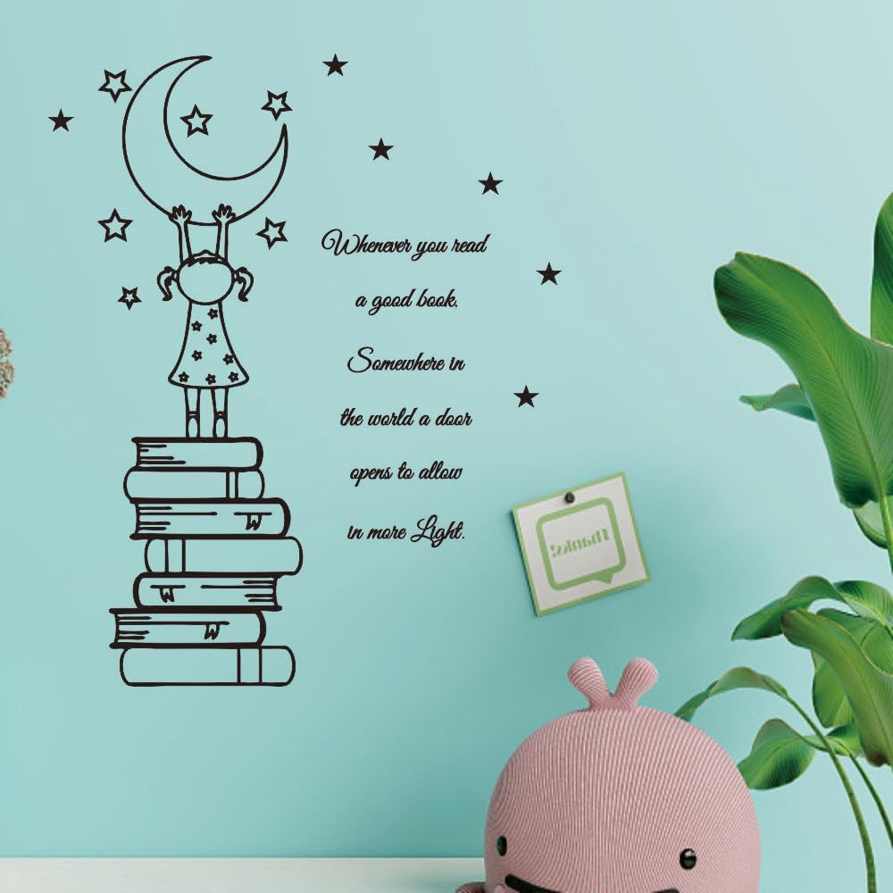 Reading Nook Vinyl Wall Art – Uplifting Book Quote for Kids’ Room, Library, or Study (Black-JZY008-Girl Book)
