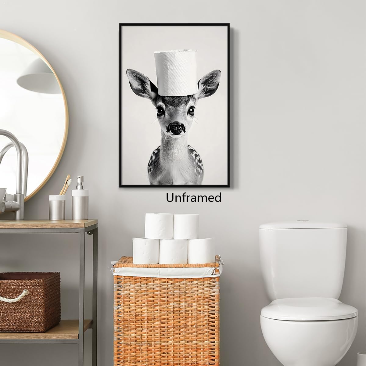 XMJJQQ Funny Animal Bathroom Canvas Wall Art, Deer Overhead Toilet Paper Roll Poster, Black and White Restroom Wall Print, Funky Modern Guestroom Animal Painting Picture Wall Decor 8x12in Unframed