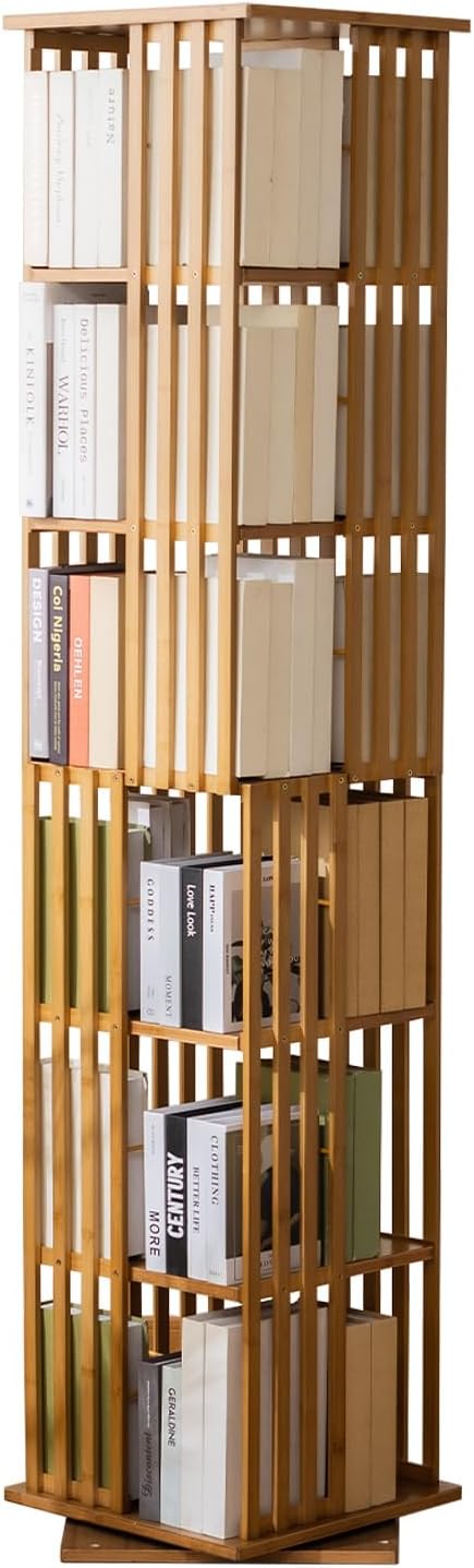 Bamboo Rotating Bookshelf Tower, 360° Spinning Bookcase, 6-Tier Narrow Floor Standing Storage Rack for Corner, Office, Room,Brown
