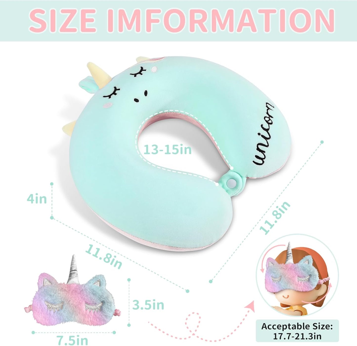 Neck Travel Pillow for Kids, Unicorn Airplane Memory Foam Pillow with Cute Sleep Mask & Earplugs, Lightweight Travelling Sleeping Pillow Set for Car, Train, Bus and Home Use (Blue)