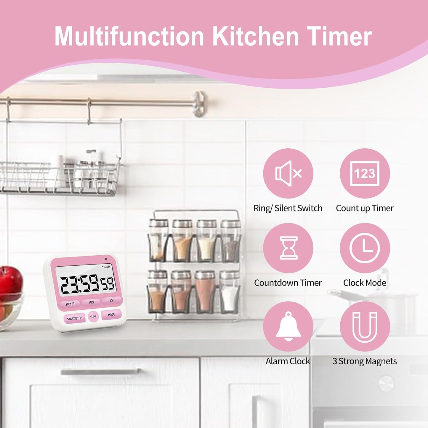 Multifunctional Kitchen Timer with Silent/Alert Mode, 24-Hour Clock, Memory Recall, Fast-Forward, and Magnetic Back for Cooking, Baking, Teaching (Red)