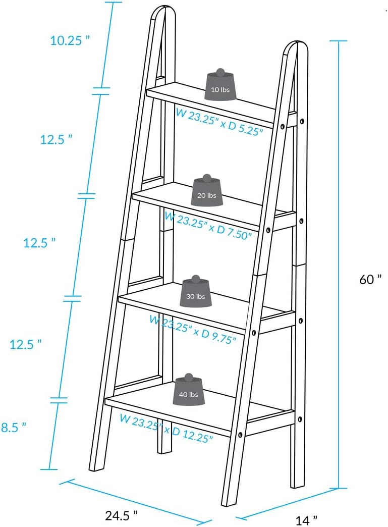Casual Home 100% Solid Wood 4-Shelf Ladder Bookcase, Standard, 60" H, Warm Brown