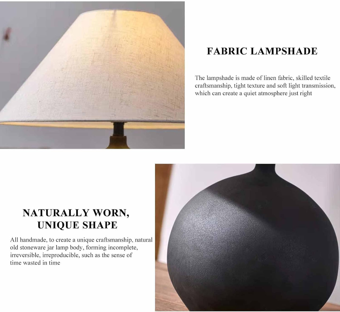Rustic Round Black Ceramic Table Lamp 17.7'' Tall Farmhouse Black Crock Pot Desk Lamp Body with Tapered Fabric Shade Bedside Lamp for Living Room Bedroom House Office Entryway