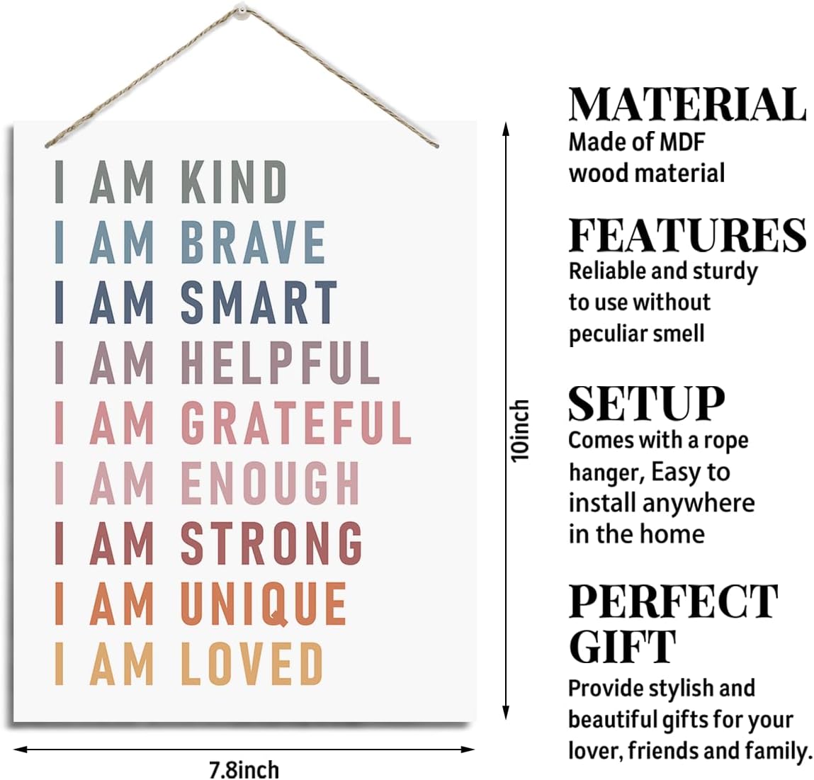 Inspirational Self Affirmations Wood Plaque - Rustic Hanging Art for Classroom, Bedroom & Playroom - Motivational Gift: I Am Kind, Brave & Smart