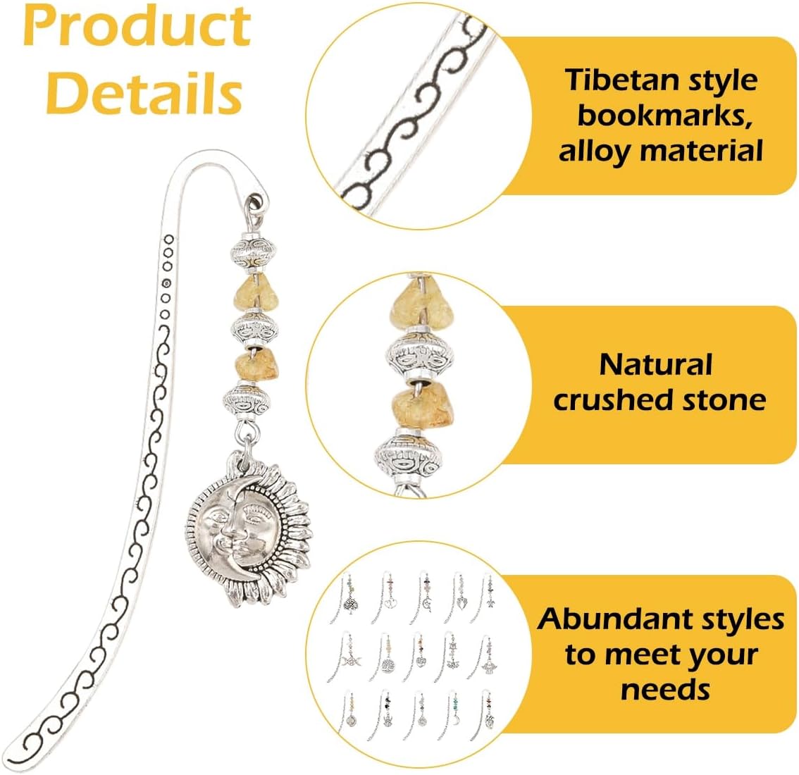 Tibetan Style Bookmarks Set, 15 Pieces Metal Alloy with Natural Crushed Stone Beads, Vintage Decorative Book Markers with Celestial Charms for Reading