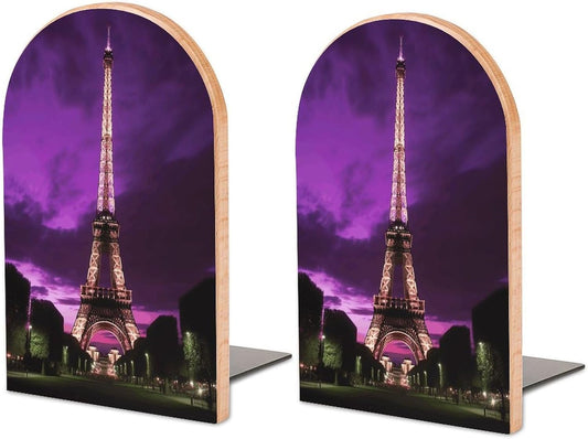 Purple Eiffel Tower Bookend for Shelves Wooden Book End Large Size Sturdy Book Holders Stoppers with Metal Base for Bookshelves Slick Decorative Bookends Stands