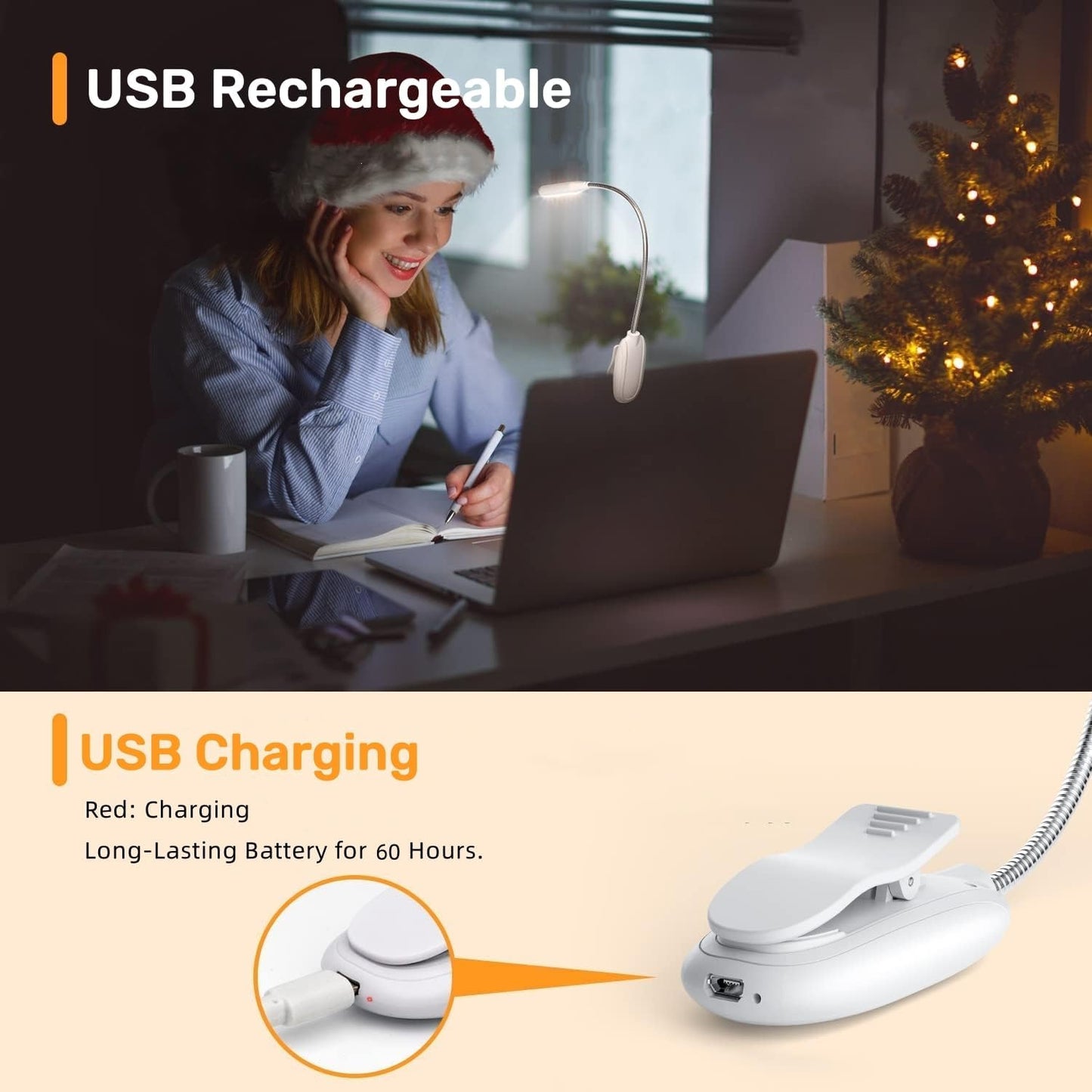 Rechargeable Reading Lights for Books in Bed, Book Lights for Reading at Night in Bed, 3 Brightness Levels × 3 Color Temperatures, up to 80 Hours Reading, Clip on Light for Bookworms, Kids (White)