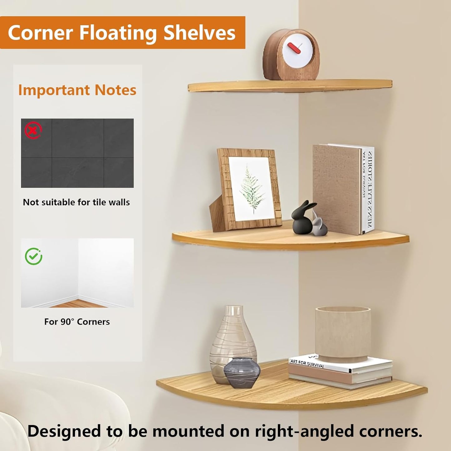 Corner Mounting Shelf, Easy to Install Wall Corner Shelf, Wall Shelves with Wood Grain Finish, Durable and Waterproof Wooden Material for Kitchen, Bathroom, Living Room Home Décor (Brown)