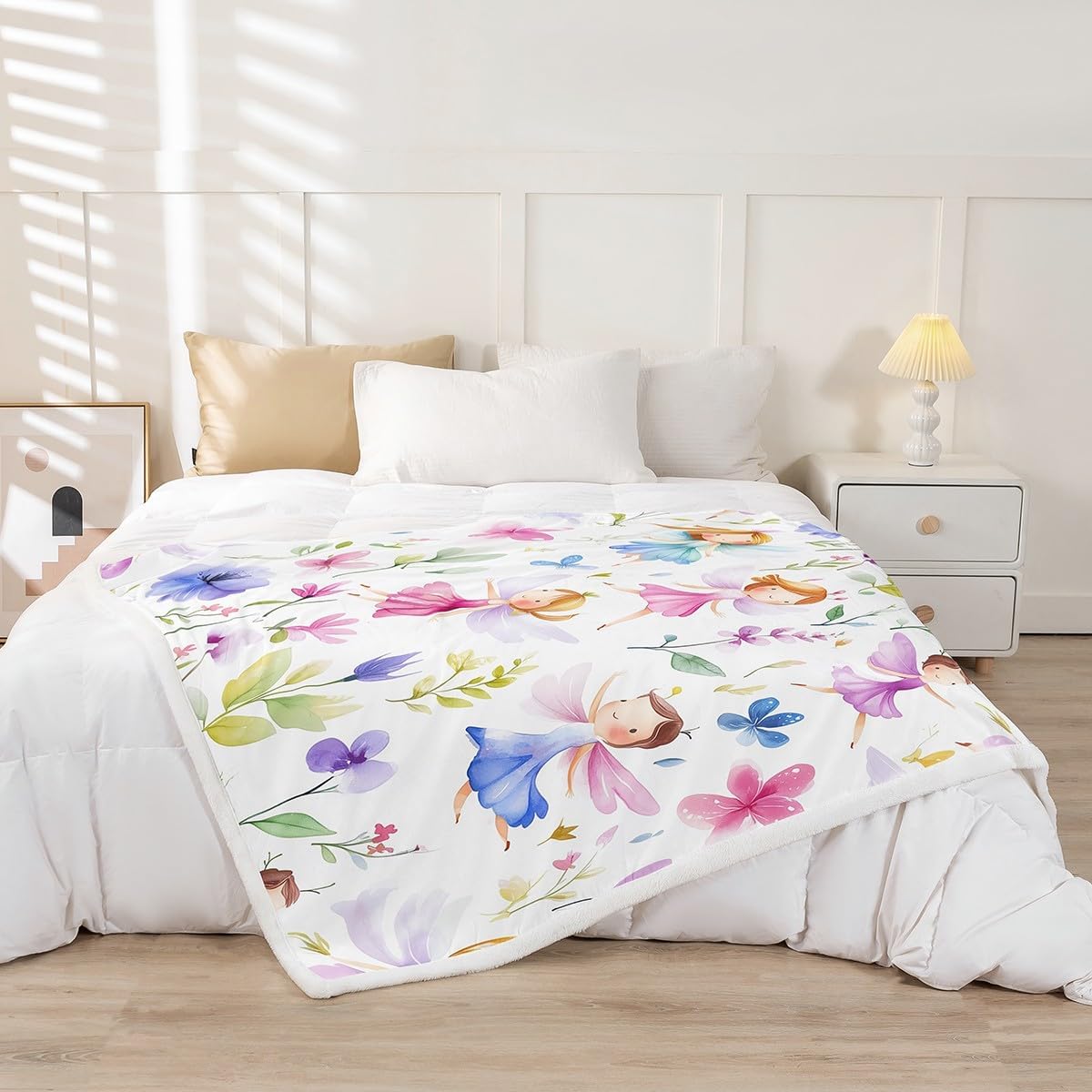 Feelyou Cute Pink Fairy Fleece Throw Blanket Twin 60"x80" Kids Cartoon Fairy Plush Sherpa Blanket Fuzzy for Boys Girls Teens Floral Flower Print for Bed Couch Chair Breathable Magic Room Decor