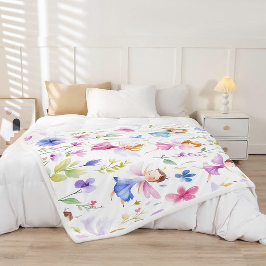 Feelyou Cute Pink Fairy Fleece Throw Blanket Twin 60"x80" Kids Cartoon Fairy Plush Sherpa Blanket Fuzzy for Boys Girls Teens Floral Flower Print for Bed Couch Chair Breathable Magic Room Decor