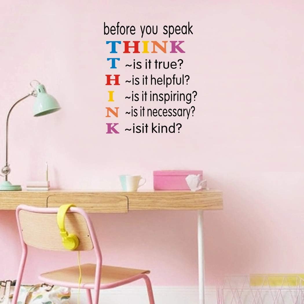 TOARTi Colorful Inspirational Quotes Wall Decals, Before You Speak Think Wall Stickers, Positive Saying Vinyl Wall Art for Kids Room Classroom Decor