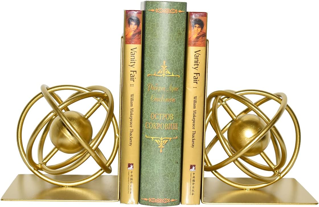 Book Ends Decorative, Modern Metal Unique Gold Bookends for Shelves, Round Design Bookend Book Stopper Holder for Home Office