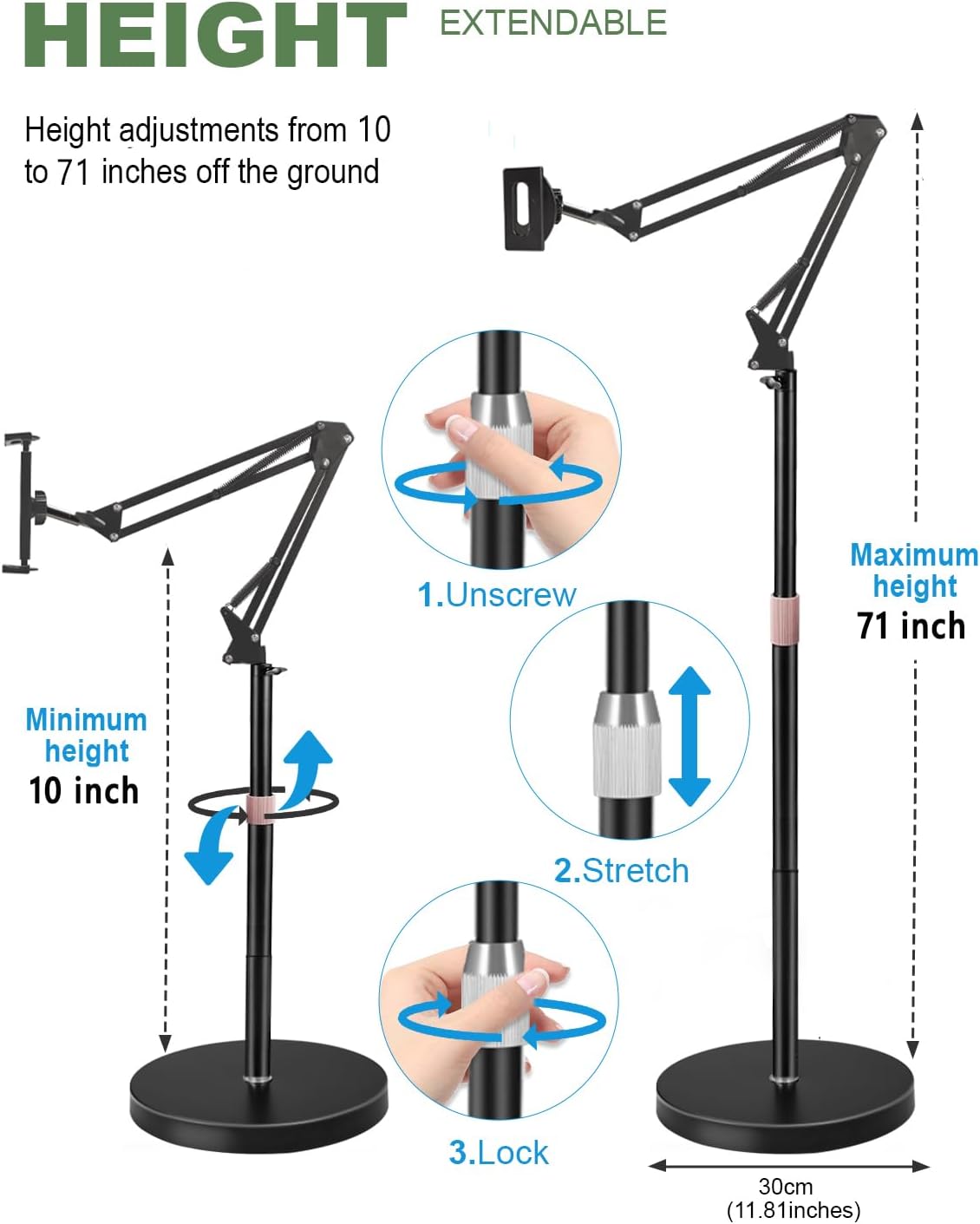 Tablet Floor Stand, Overhead Bed Phone Stand with 8.8 lb Super Stable Base & Angle/Height Adjustable, Compatible with 4.5''-13'' iPhone, iPad Pro 12.9, Galaxy Tab, Kindle, Phones