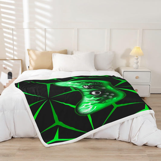 Feelyou Kids Gamer Sherpa Blanket,3D Video Gaming Fleece Throw Blanket for Teens Boys,Green and Black Game Console Plush Blanket,Geometric Game Contoller Fuzzy Blanket for Sofa Bed Couch 90"x90"