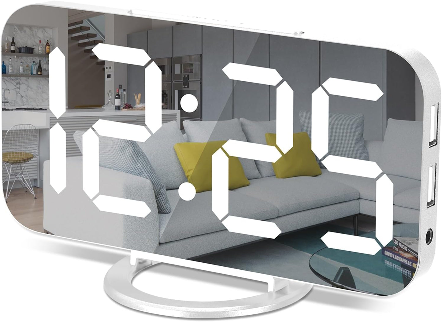 Poeroa Digital Alarm Clock,7" LED Mirror Electronic Clocks,with 2 USB Charging Ports,Snooze Mode,Auto Adjust Brightness,Modern Desk Wall Clocks for Bedrooms Living Room Office - White