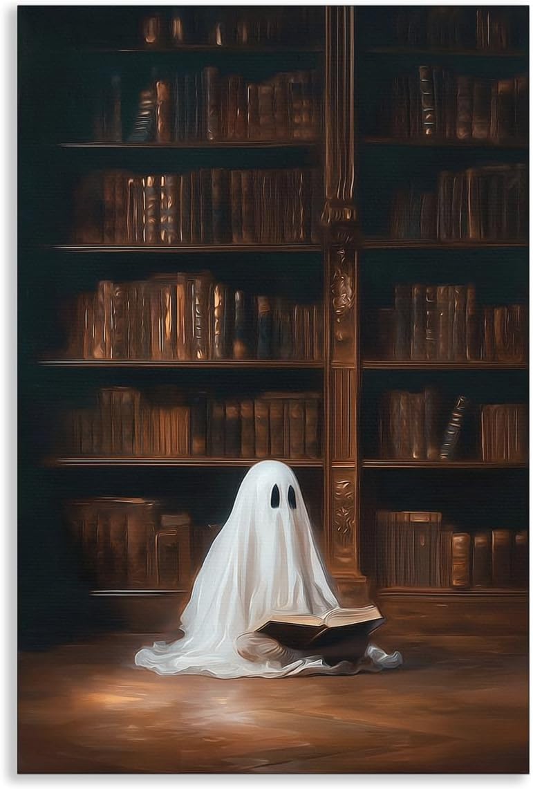 Venphude Halloween Canvas Wall Art, Ghost Reading A Book Front The Bookshelf Aesthetic Poster, Dark Academia Home Library Print, Spooky Gothic Wall Decor for Reading Nook 8x12in Unframed