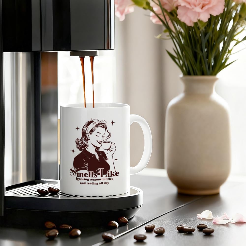Smells Like Ignoring Responsibilities and Reading All Day Ceramic Coffee Mug for Women, Funny 11oz Vintage Book Mug for Book Lovers, Birthday Gifts for Bookish Readers Librarians Bookworms