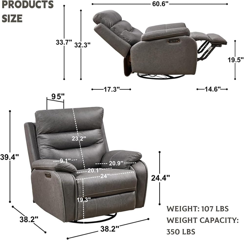 Dual Motor Power Swivel Rocker Recliner with One-Key Reset, Infinite Position Electric Leather Chair with USB Port, Modern Glider Recliner for Living Room & Nursery