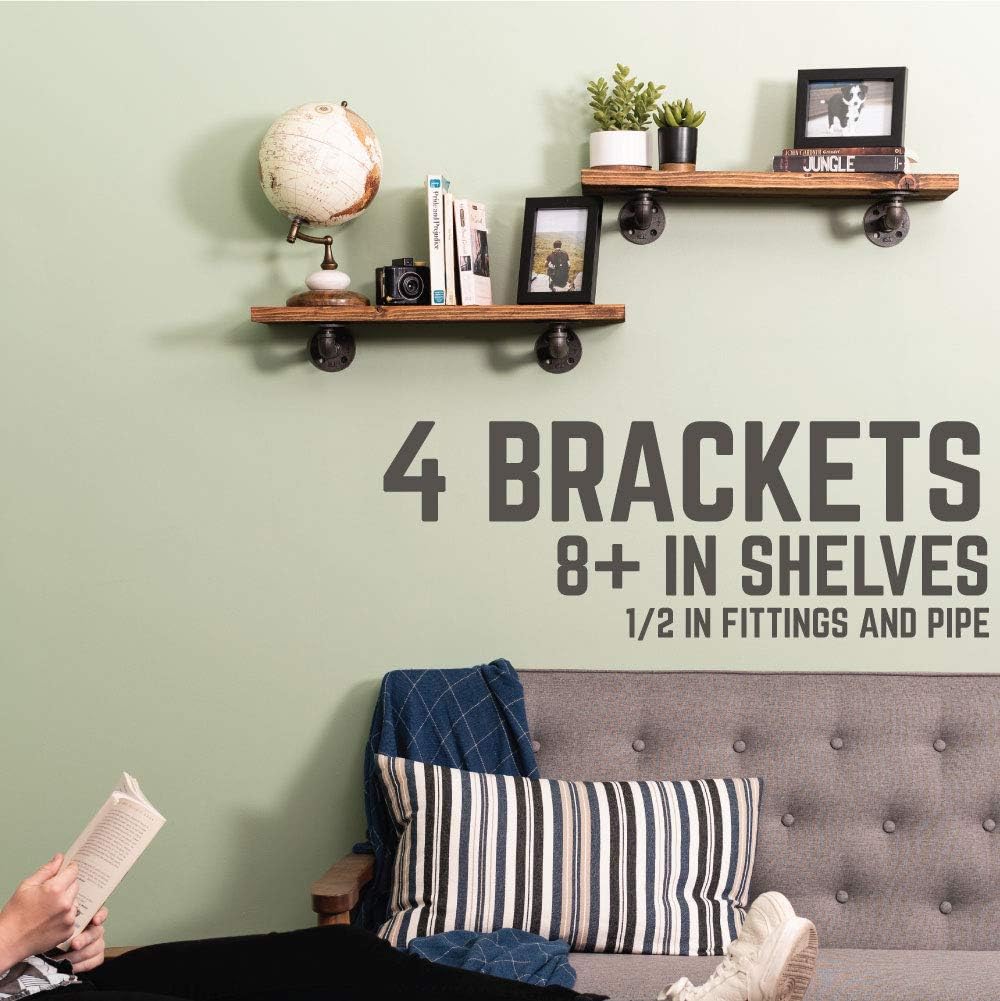 PIPE DECOR Industrial Pipe Shelf Brackets, 6 Inch, 4 Pack – Wall Mounted Double Flange Floating Shelf Hardware, Rustic Vintage-Style Shelving Support Set