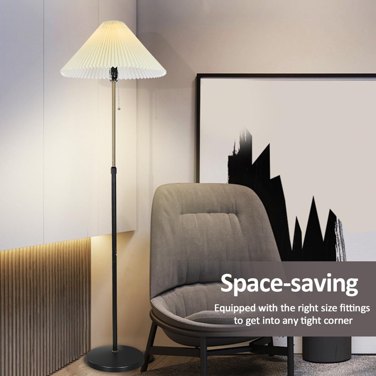 Nordic Cream Style Floor Lamp Adjustable Height Standing Lamp Pleated Shade Vertical Light with Pull Chain Switch Eye Protection Reading Pole Lights Black Iron Floor Lamps for Living Room