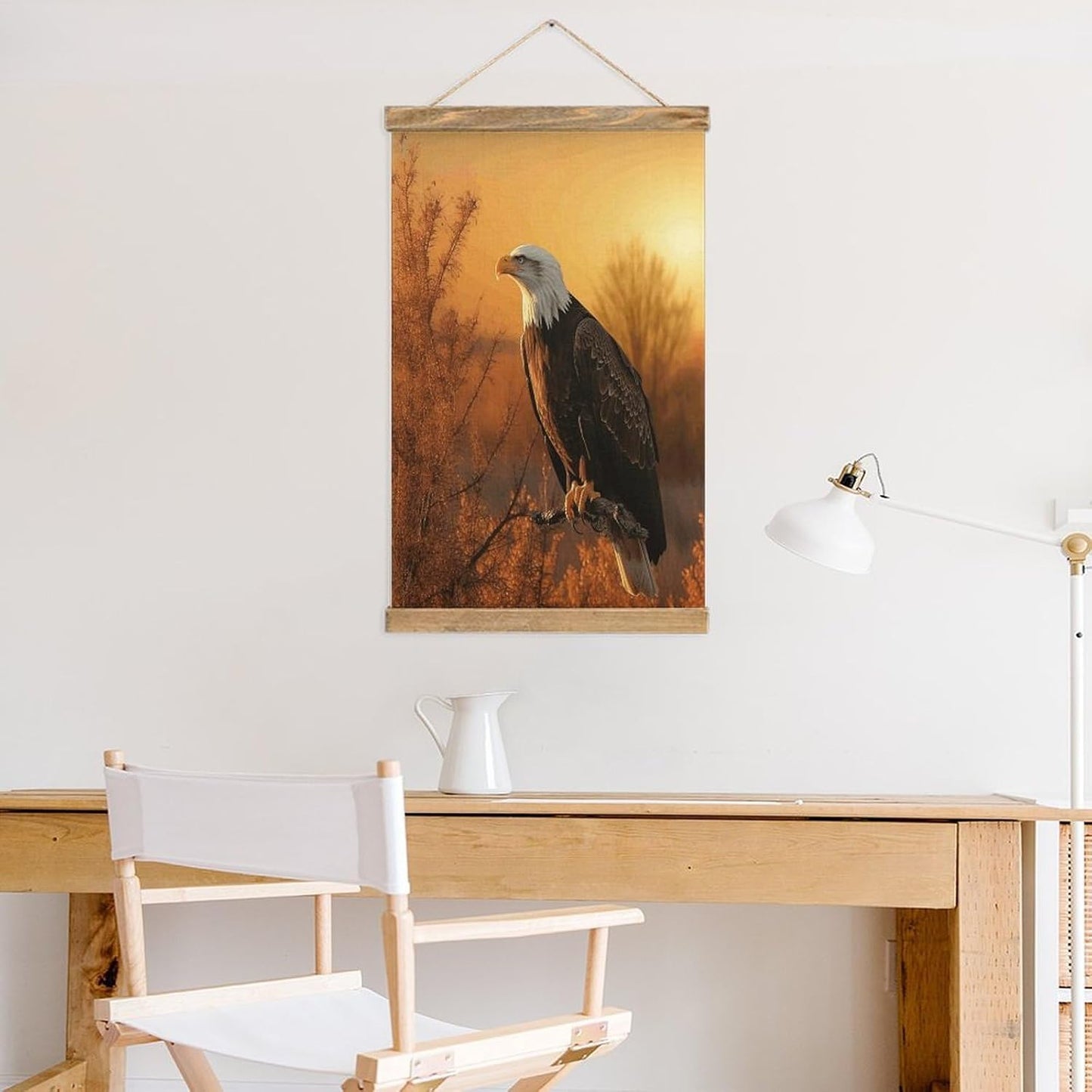 Vintage Golden Sunset Bald Eagle Poster with Wooden Frame Personalized Linen Hanging Scroll Painting Rustic Wall Hanging Illustrative Modern Artwork Decor for Home Living Room Bedroom Office