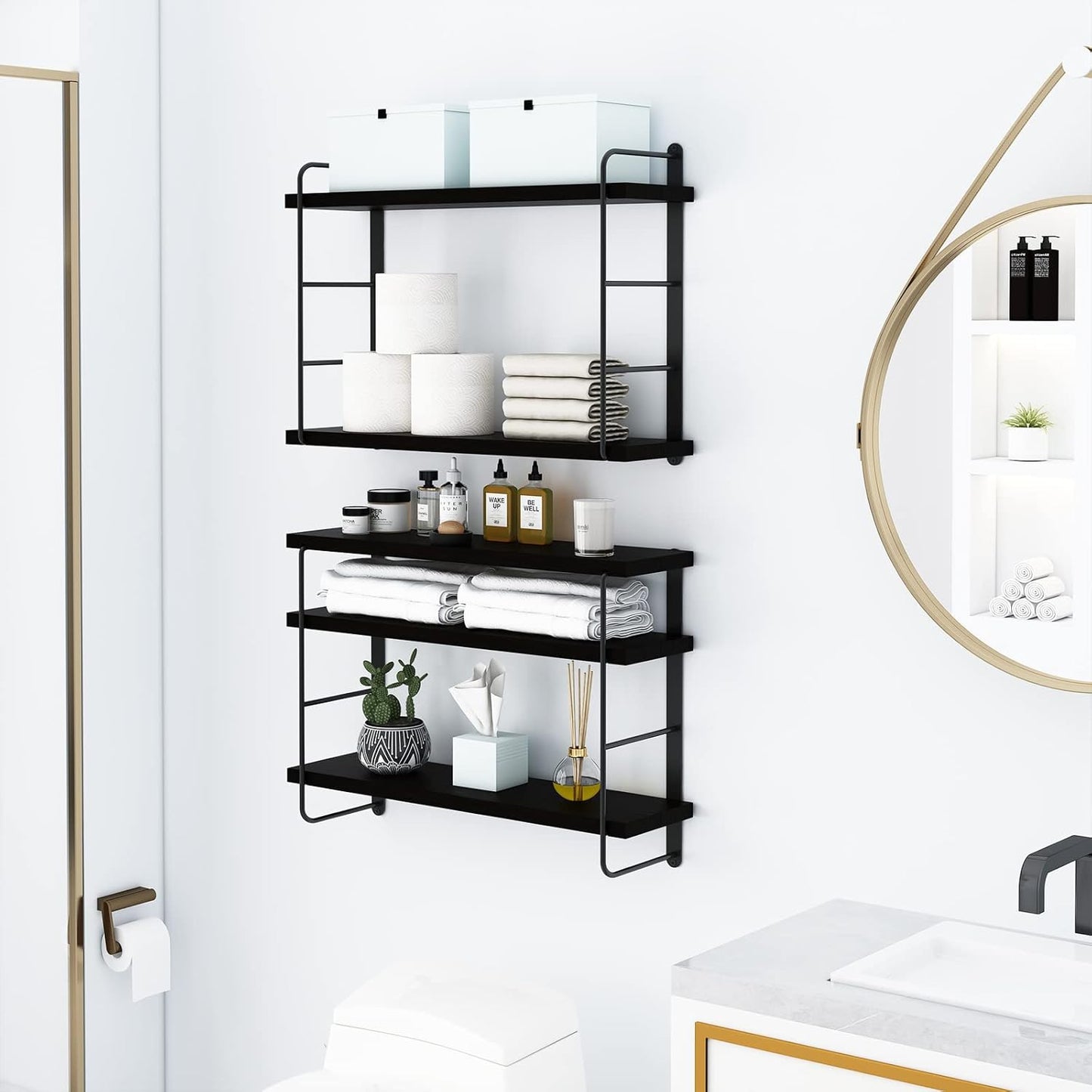 Wall Shelves, Wall Mounted Bookshelves, DIY Floating Shelves for Wall, Wood Hanging Book Shelves for Room, Bedroom, Living Room, Easy Installation (Black, 50W x 17H)
