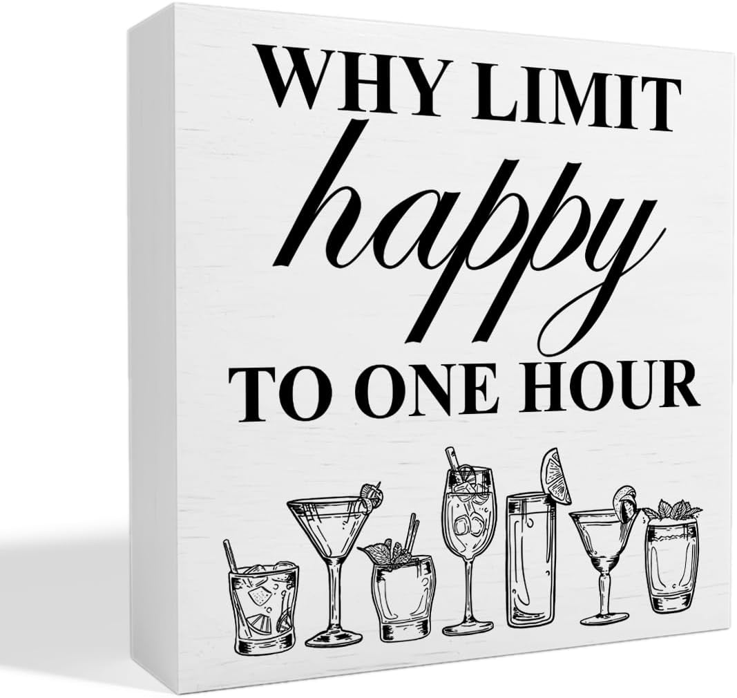 Bar Decor Wooden Box Sign, Home Kitchen Dining Room Drinking Bar Table Decor Cheers Bar Cart Cocktails Decoration, Bar Gifts for Women Men Couples, Limit Happy to One Hour, White