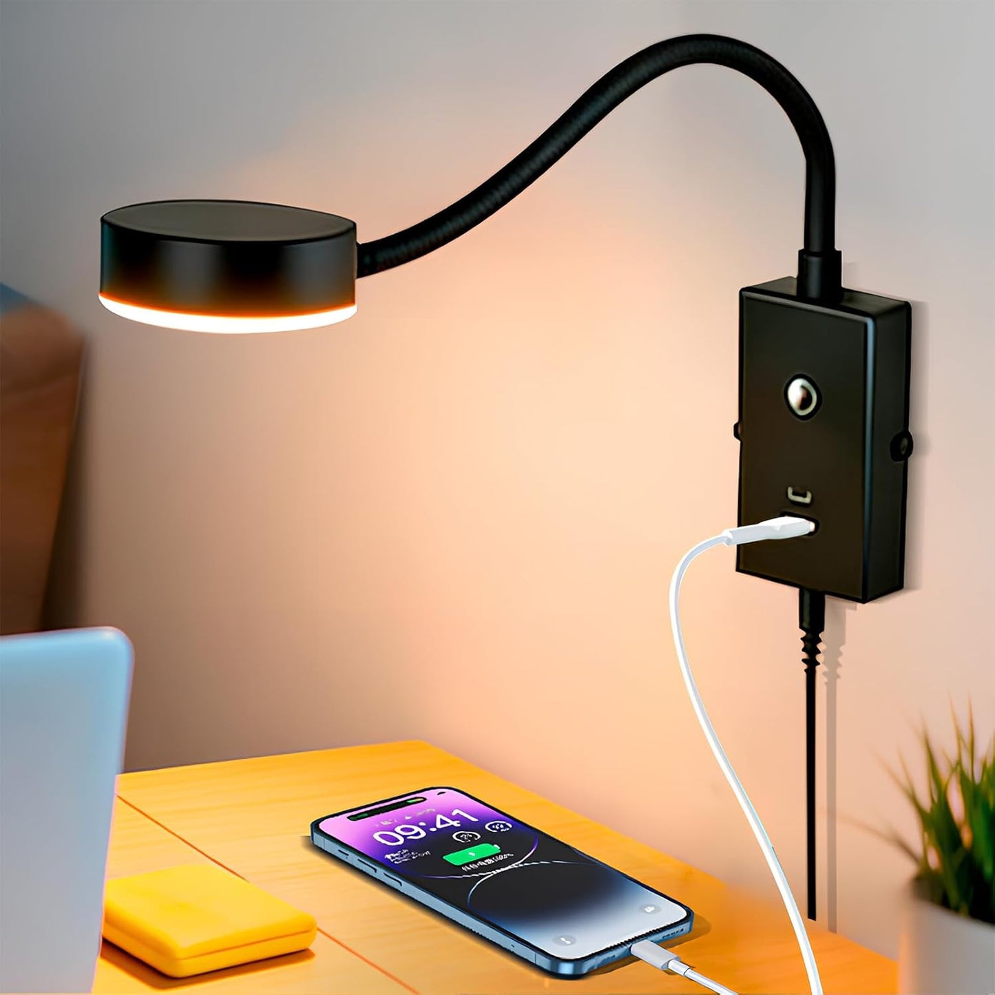 LED Wall Mounted Reading Light for Bed, Flexible Gooseneck Book Light for Wall Bedside Lamp with USB-A/C Output,Touch Control 5 Dimmable Headboard Bed Lights