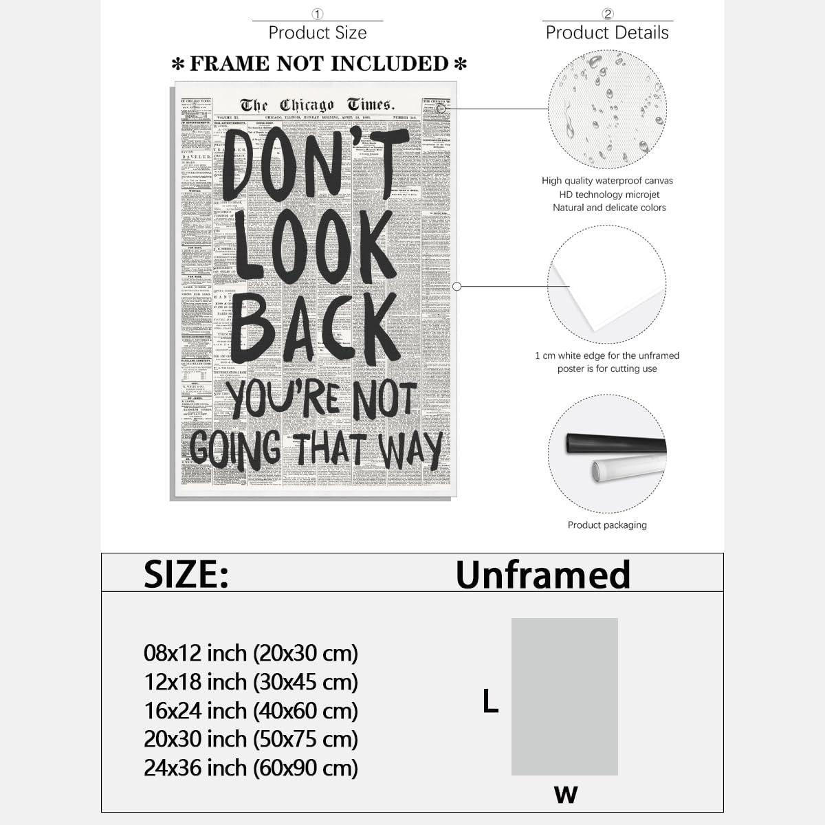 Black and White Retro 70s Newspaper Poster Don't Look Back Positive Wall Art Print Posters Preppy Aesthetic Dorm For Room Wall Decor 12x16inch Unframed