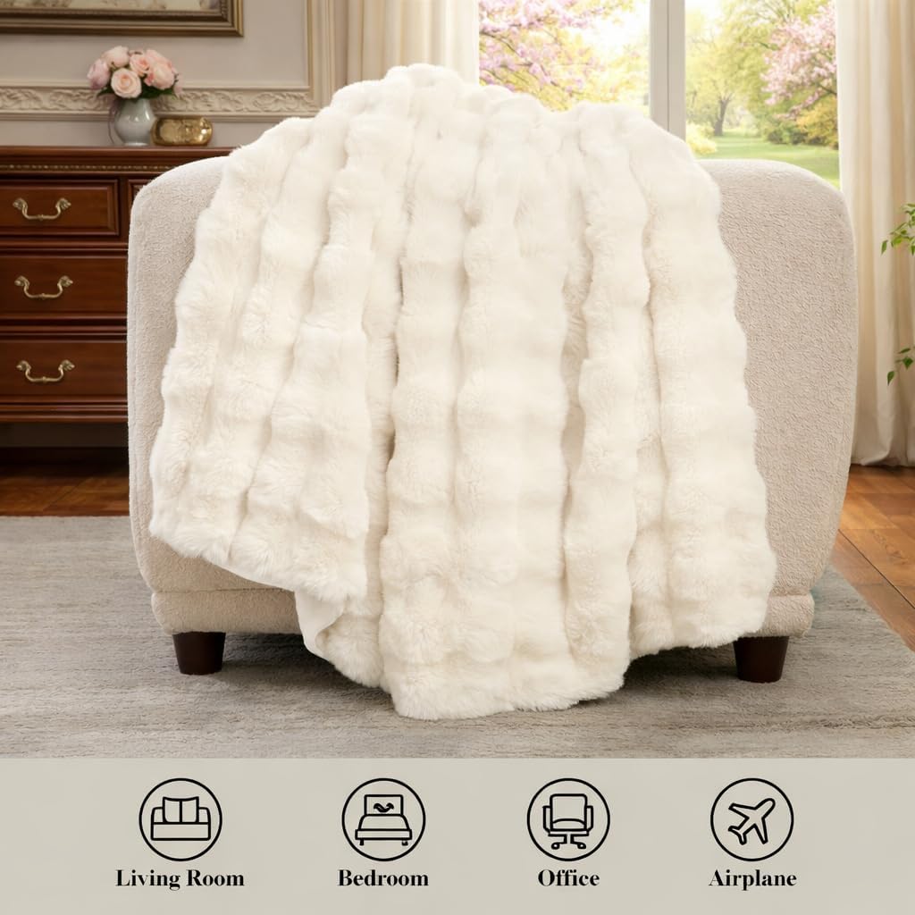 Amélie Home Faux Fur Throw Blanket for Bed, Ultra Soft Fuzzy Plush Bubble Blanket for Bedroom & Bed Decor, 108"x90", Cream White
