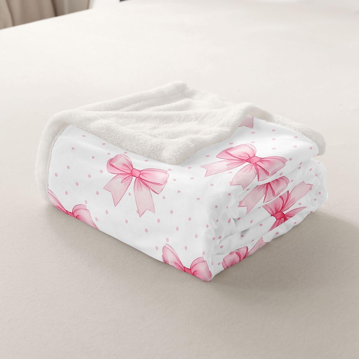 Feelyou Cute Bow Sherpa Throw Blanket for Couch Bowknot Pink Super Soft Cozy Fleece Polka Dots Blanket for Winter, Plush Throw Baby 30"x40" All Season