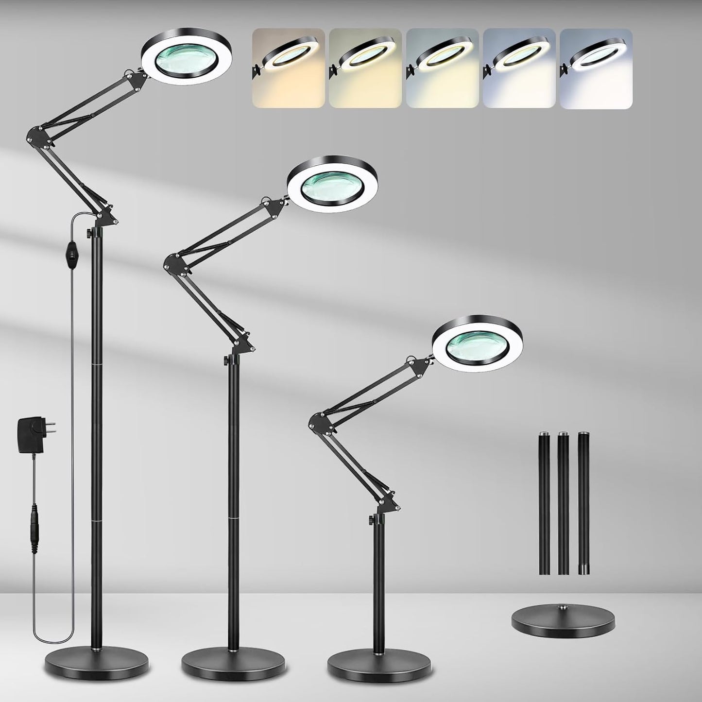 10X Large Floor Magnifying Glass with Light and Stand, 3-in-1 Adjustable Height Lighted Magnifier, 72 LED Floor Lamp 5 Color Stepless Dimmable Arm Swing Floor Magnifying Lamp for Reading