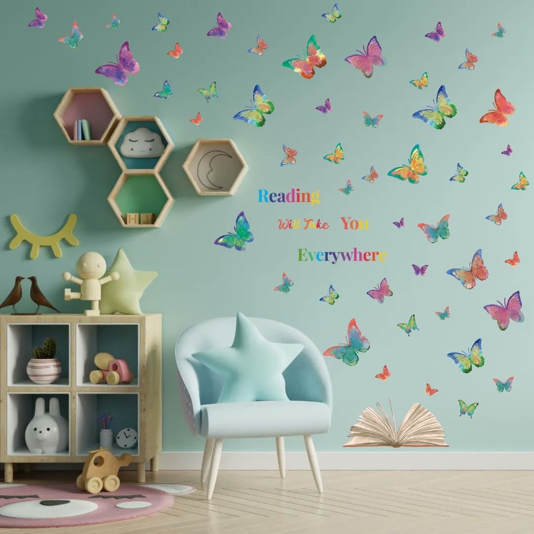 OLMIXA Colorful Butterfly Reading Book Wall Decal, Reading Will Take You Everywhere Inspirational Quote Stickers, Vinyl Butterfly Book Wall Art for Classroom Library Playroom Decor