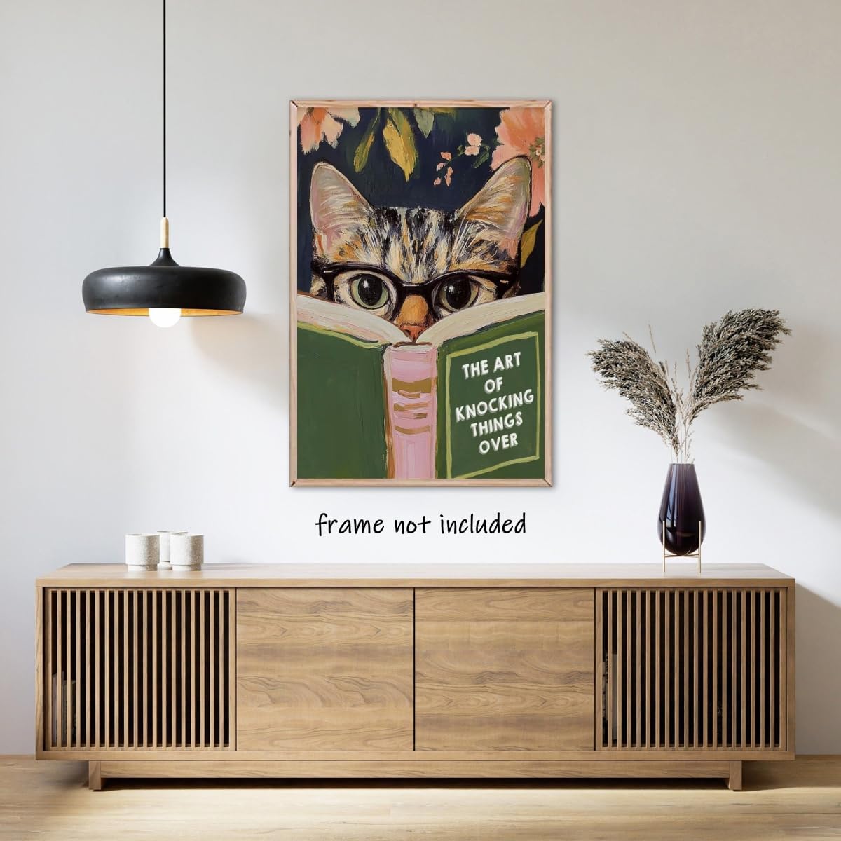 WLZWD Funny Cat Reading Book Wall Art Poster Retro Floral Aesthetic Reading nook office decor Green Pink Humorous Bathroom decor Prints for Bedroom Living Office Unframed8x10inch