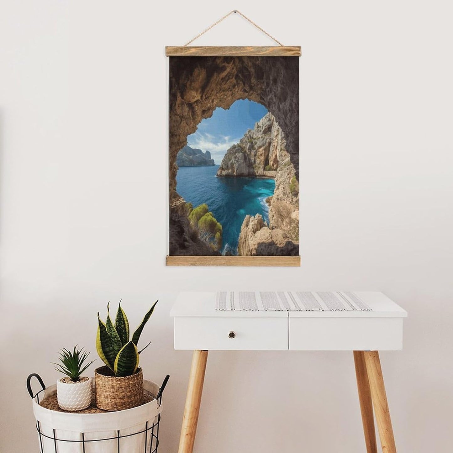 Vintage Arch in Mallorca Spain Poster with Wooden Frame Personalized Linen Hanging Scroll Painting Rustic Wall Hanging Illustrative Modern Artwork Decor for Home Living Room Bedroom Office