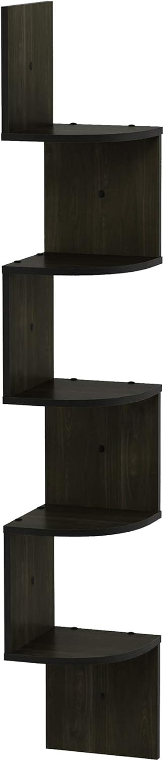 Furinno ROSSI Floating Book Shelves for Wall, 5-Tier Zigzag Corner Shelf Wall Mounted, Radial Corner Floating Shelf, for Living Room, Bedroom, Bathroom, Home Office, Espresso