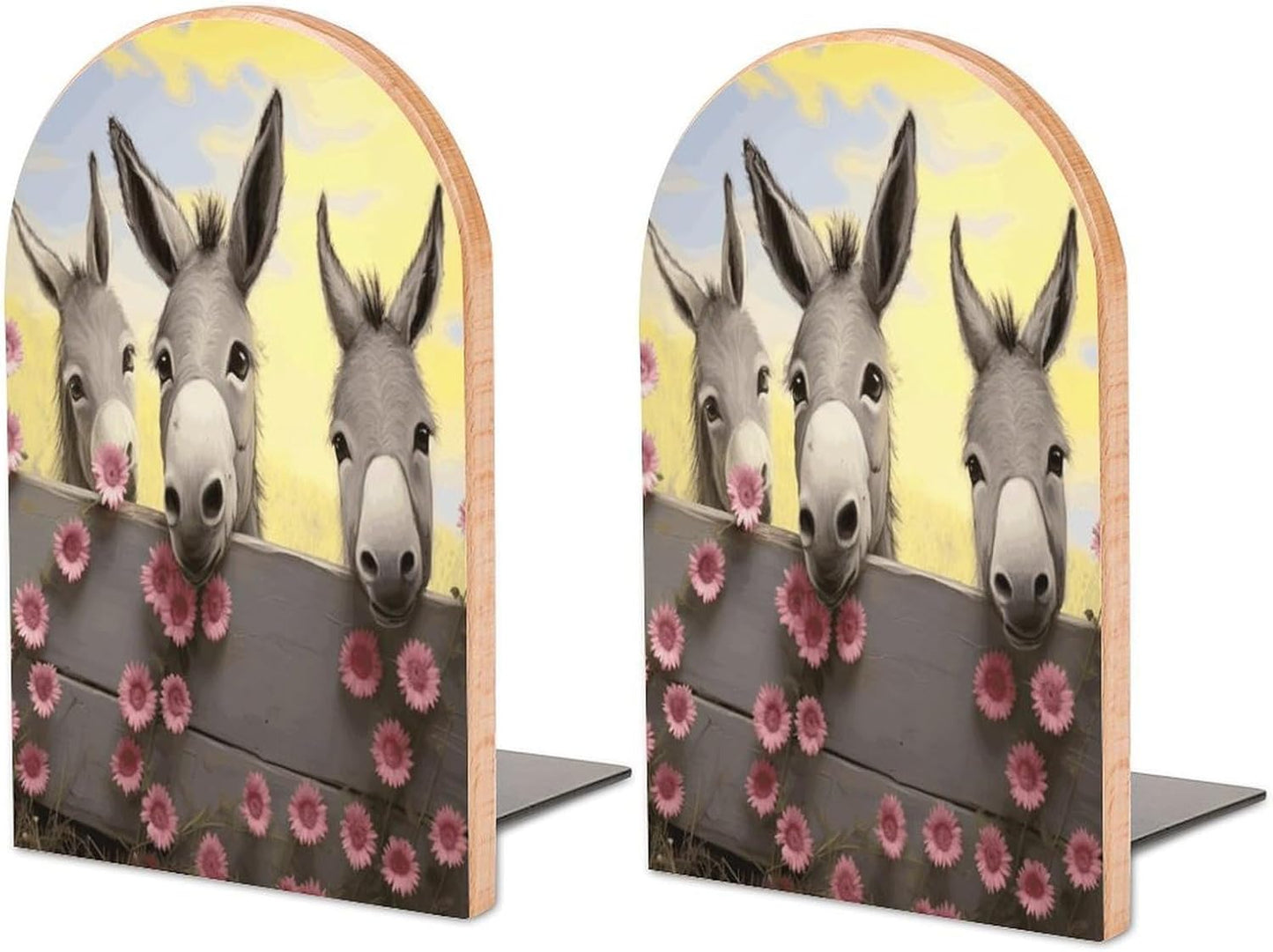 Donkey and Flower Bookend for Shelves Wooden Book End Large Size Sturdy Book Holders Stoppers with Metal Base for Bookshelves Slick Decorative Bookends Stands