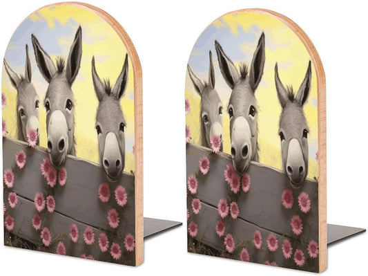 Donkey and Flower Bookend for Shelves Wooden Book End Large Size Sturdy Book Holders Stoppers with Metal Base for Bookshelves Slick Decorative Bookends Stands