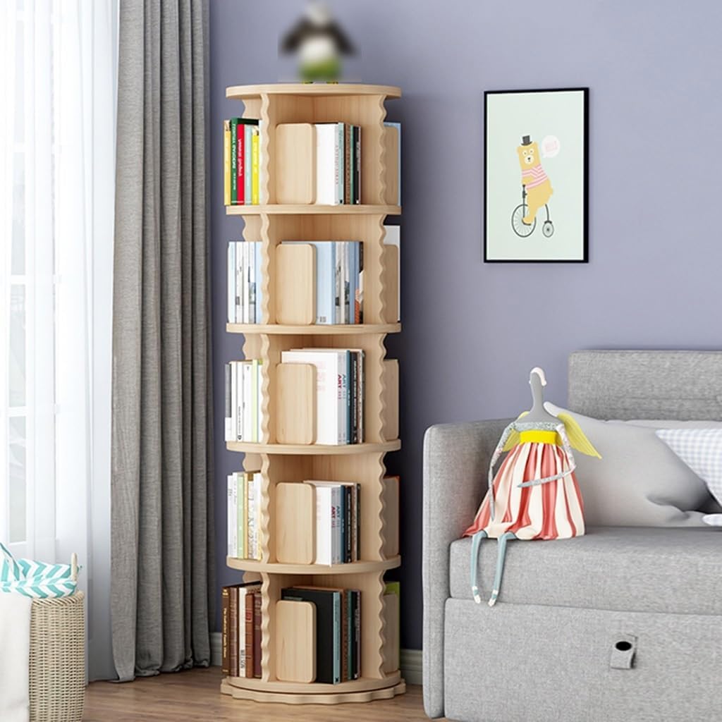 Rotating Bookshelf 360° for Small Space - Wood Floor Standing Bookcase Storage Rack for Kids' Room & Bedroom - 2/3/4/5/6 Tier StudyRoom Organizer