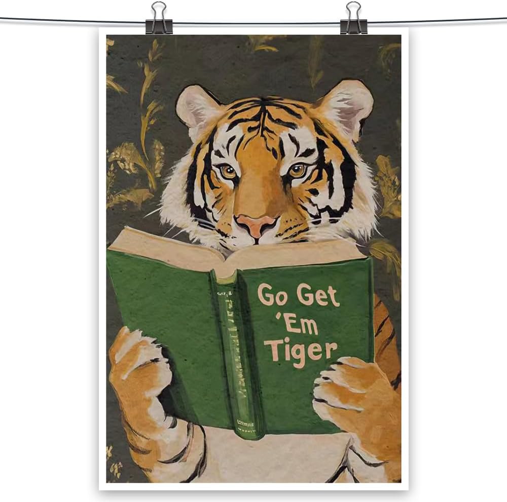 Funny Tiger Reading Green Book Canvas Poster Go Get Em Animal Print Painting Vintage Motivational Wall Art Humorous Bookworm Aesthetic Pictures Decor for Study Library Office 12x16inch Unframed
