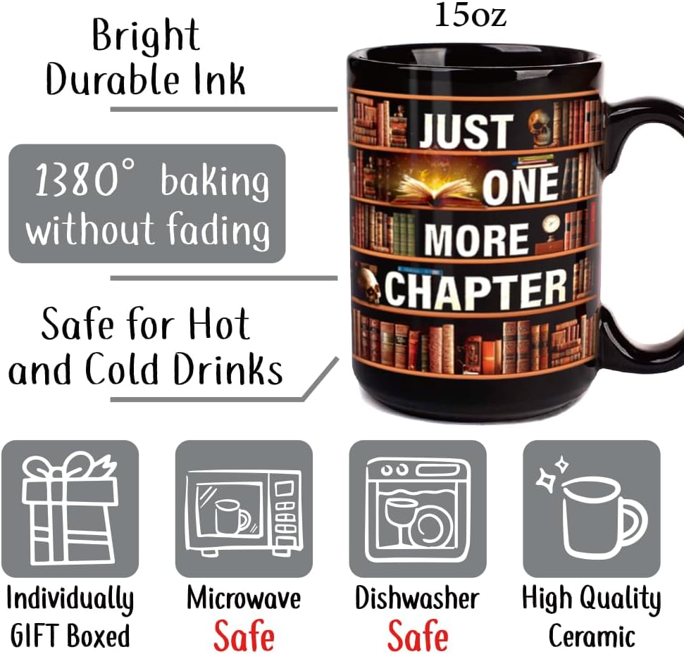 Funny Book Mug Gifts for Lovers - Just One More Chapter Coffee Mug 15oz, Bookish Gifts for Women Men, Skull Bookshelf Coffee Mugs, Birthday Bookworm Librarian Book Club Gift
