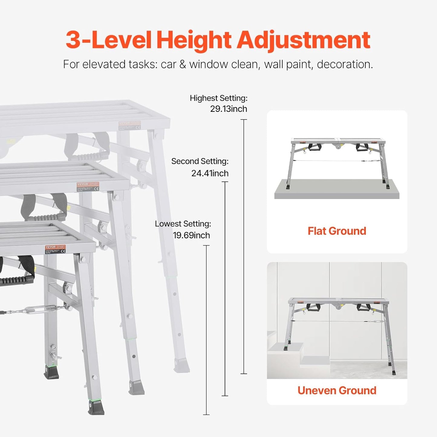 VEVOR Work Platform, 39"x 12" Portable Scaffolding Platform, Folding Steel Step Ladder Adjustable Height 19.7”-29.1”, 400 lbs Load Capacity, Non-Slip Drywall Painting Stool for Cleaning &Washing