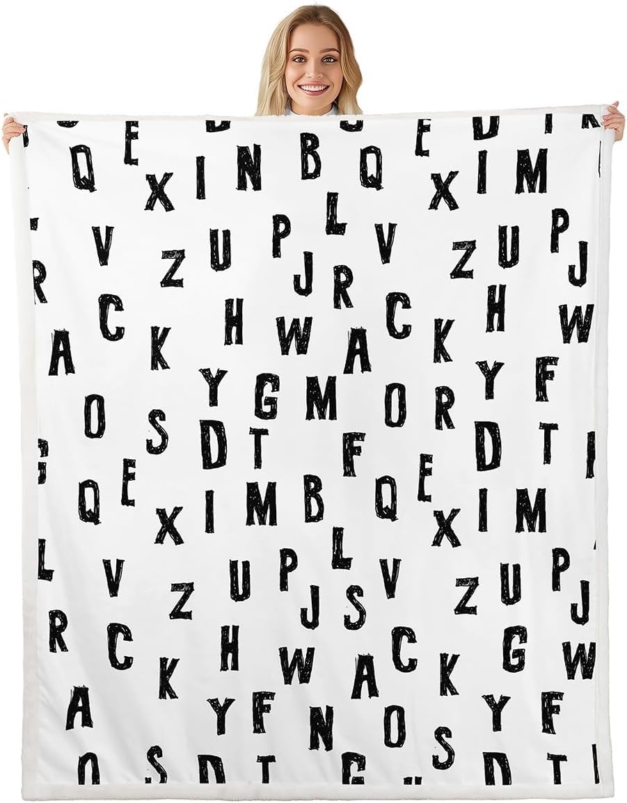 Castle Fairy Black Alphabet Kids Flannel Blanket,Cute English Letters Pattern Fuzzy Blanket for Children,Modern Simple Style White Polyester Throw Blanket for Couch, Twin Size (60 x 80 Inch)